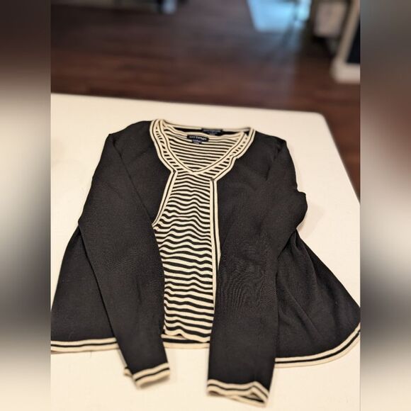 Ann Taylor Small 100% Silk Sweater Set Womens Black Beige Striped Cardigan Tank - Picture 7 of 7